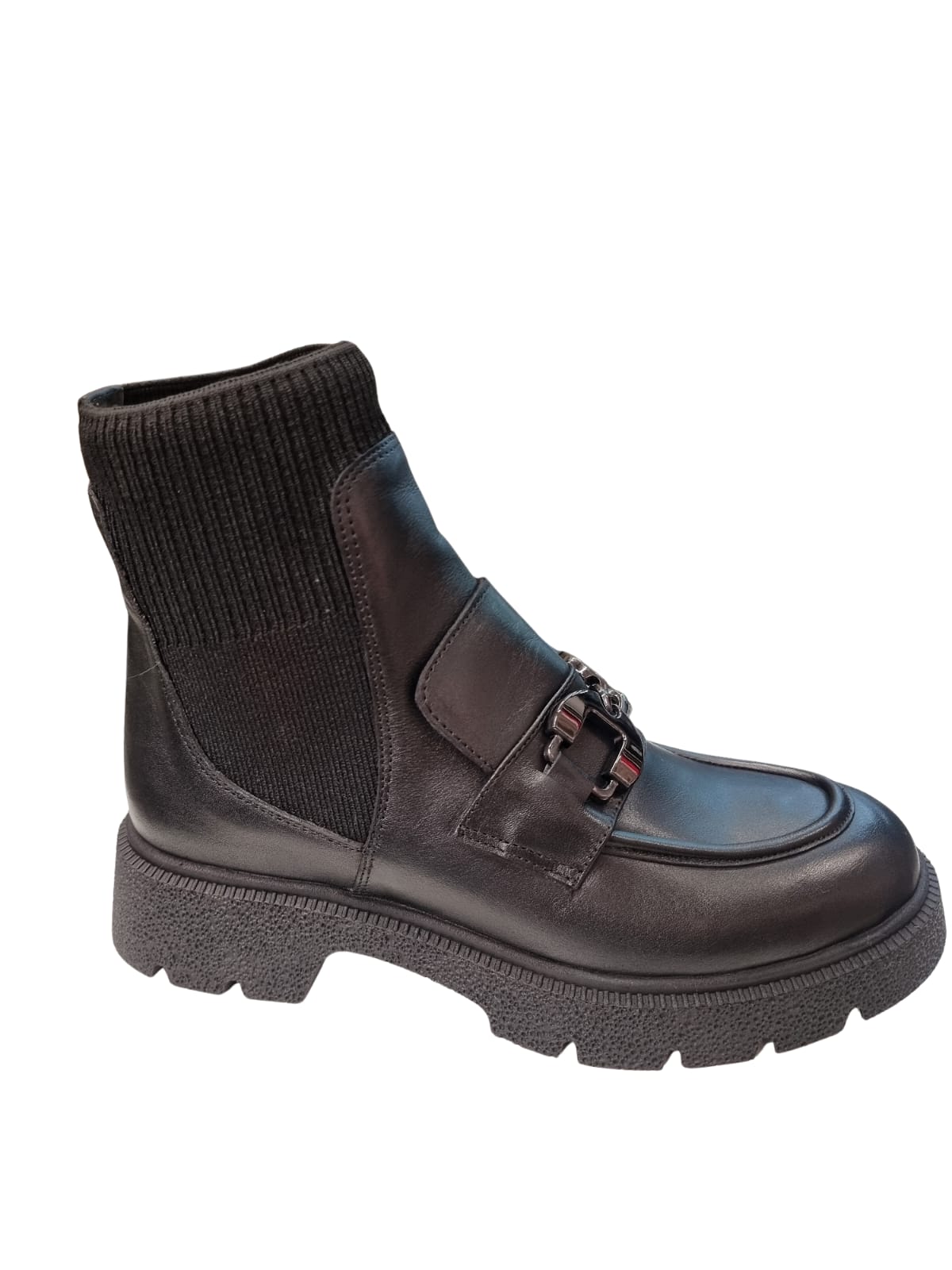 Ghete damă negre din piele naturală cu partea superioară tricotată și accesoriu metalic
