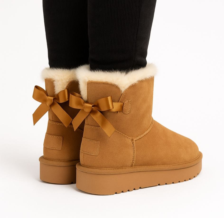 Ghete călduroase cu fundiță la spate camel – blană sintetică, talpă groasă 3/4 cm (35–40)