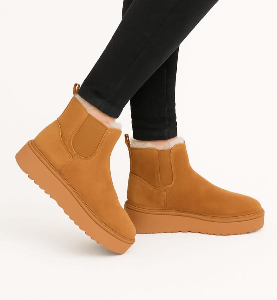 Ghete îmblănite damă camel cu elastic lateral și talpă groasă – 3/4 cm