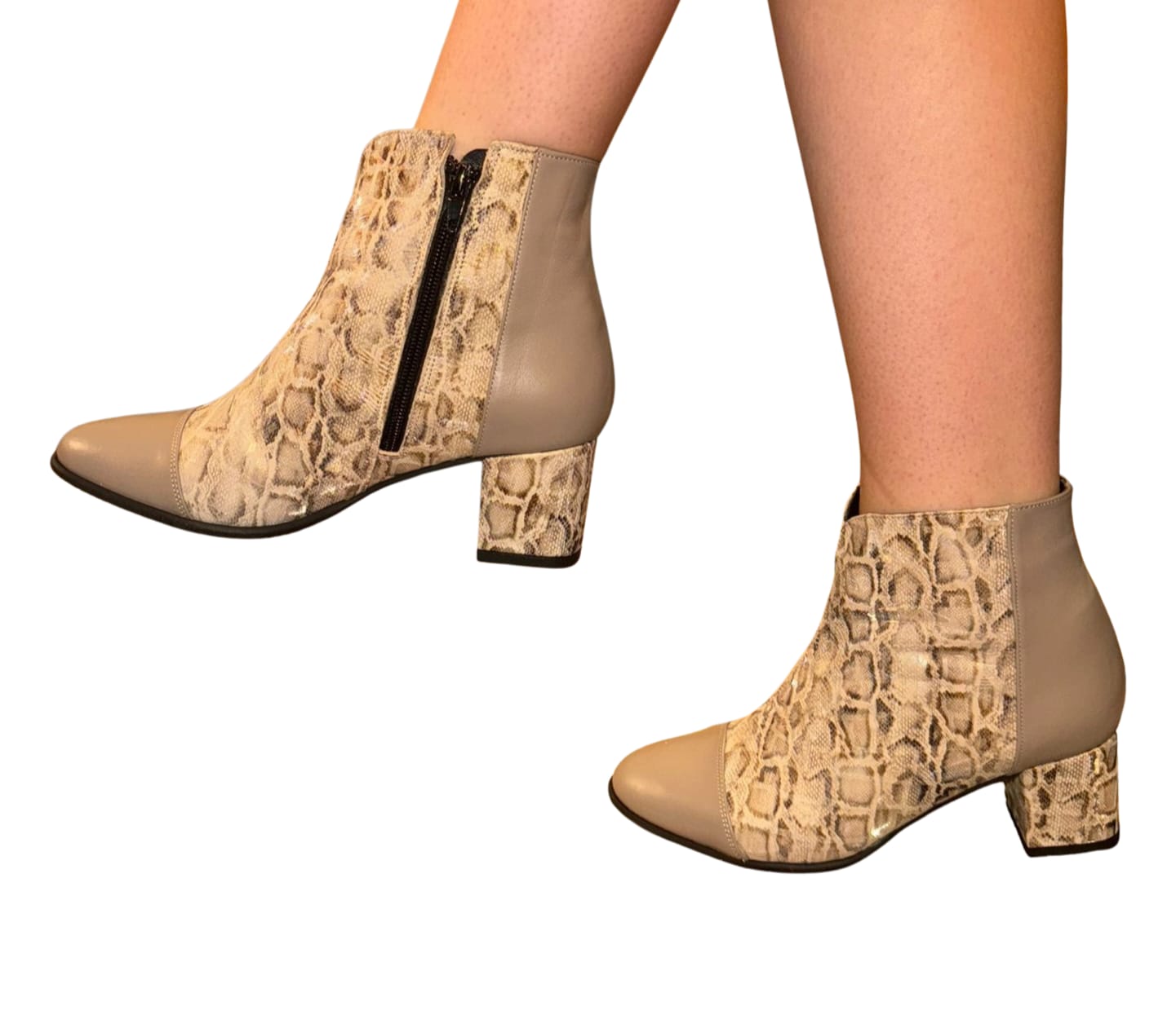 Botine damă bej din piele naturală cu imprimeu tip șarpe și toc gros 5 cm