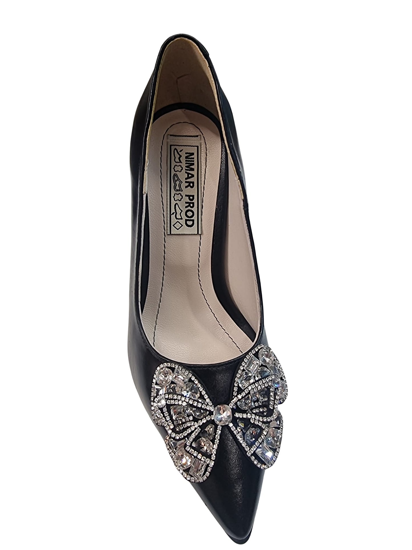 Pantofi eleganți din piele neagră cu fundiță strălucitoare și toc de 9 cm
