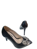 Pantofi eleganți din piele neagră cu fundiță strălucitoare și toc de 9 cm